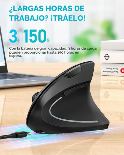 Vista 4 de Lekvey Ratón ergonómico, ratón inalámbrico vertical USB recargable 2.4G