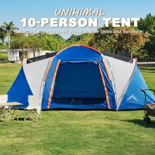 Vista 9 de uniHimal Tents for Camping, Waterproof 10 Person Family Tent with Double Layer & 4 Large Mesh Windows, Weather Resistant Easy Setup 2 Room Big Tent