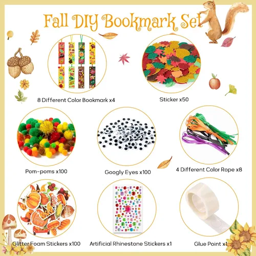 Vista 2 de 32 juegos de marcadores de otoño DIY kit de manualidades de otoño en blanco con hojas de arce y ojos meneantes, calcomanías de espuma con pompones