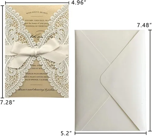 Vista 4 de 25 invitaciones de boda de 5 x 7 pulgadas con sobres, corte láser de encaje hueco con cintas elegantes, para boda, despedida de soltera, compromiso