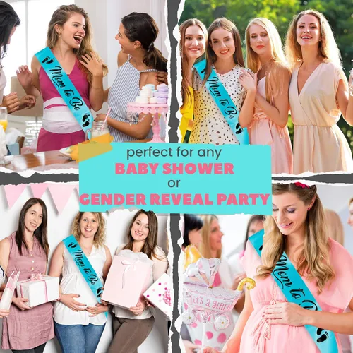 Vista 2 de CORRURE Baby Shower Mom to Be Faja para niño o niña – Hermosa cinta azul y texto de aluminio negro – Ideal para revelación de género, regalos