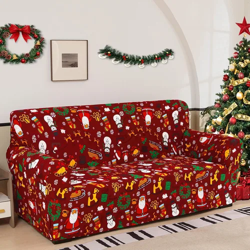 Vista 2 de Anibedding - Funda estampada de Navidad roja para sofá de 2 cojines, funda elástica con renos y copos de nieve para sofá, funda de sofá lavable a