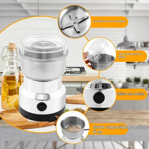 Vista 7 de Molinillo de café, molinillo automático eléctrico con 4 cuchillas de acero inoxidable, molinillo de café de 10.1 fl oz, molinillo de café con un