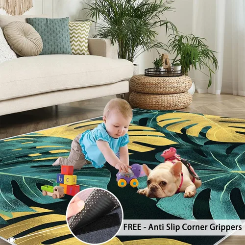 Vista 5 de Monstera Print Rugs for Bedroom, Luxury Monstera Area Rug, Tropical Plants Rugs for Living Room, Indoor Non-Slip Rug, Machine Washable Carpet for