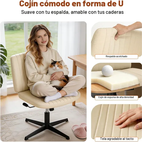 Vista 4 de PayLessHere Silla cruzada Beige Silla de escritorio ancha y sin brazos sin ruedas 360 giratoria, altura ajustable y base de metal estable