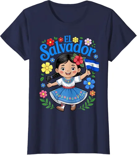 Vista 34 de Camiseta de estilo tradicional floral para niña con la bandera de El Salvador
