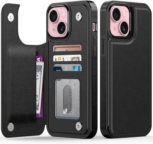 Vista 120 de FUNMIKO Funda tipo cartera para iPhone 15 con tarjetero + clip para efectivo, bloqueo RFID, protección contra caídas de grado militar y obras