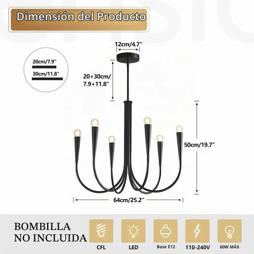Vista 2 de Lámpara colgante moderna de 6 luces para comedor, cocina, sala de estar, lámpara industrial rústica negra MPL26-6 BK