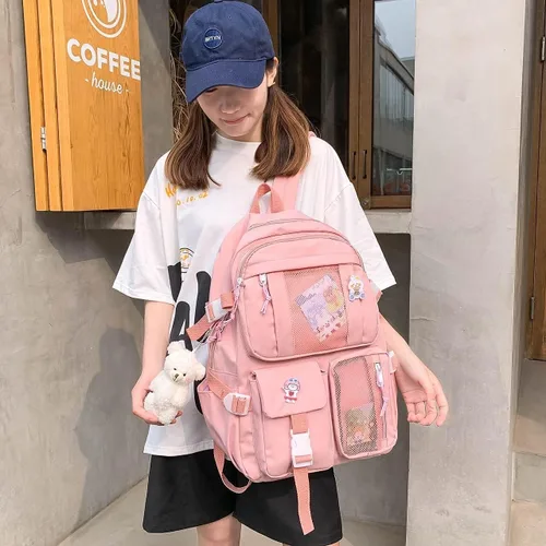 Vista 3 de Mochila Kawaii con colgante de oso, bolsa escolar de lona estética para estudiantes, bolsa de hombro, mochila casual para el regreso a clases (rosa)