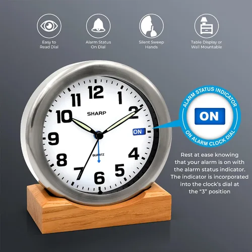 Vista 2 de Sharp Silent Sweep - Reloj despertador analógico sin tictac, escritorio de metal cepillado o reloj de pared con soporte de madera auténtica