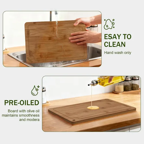 Vista 5 de Tablas de cortar de bambú para cocina, juego de tablas de cortar de madera con ranuras para jugos y asas incorporadas, fácil almacenamiento