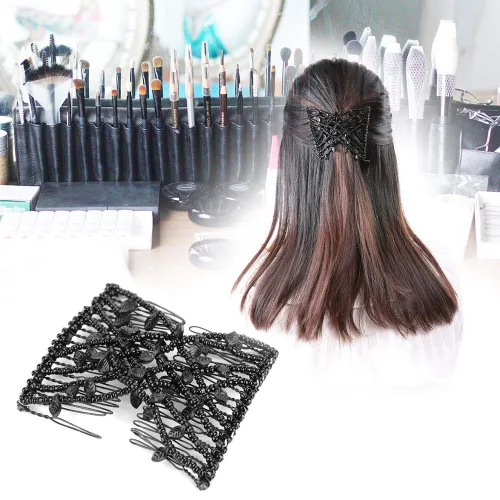 Vista 2 de Juego de pinzas y peines para el cabello de perlas – clips dobles elásticos elásticos, peines mágicos, herramienta de peinado de cabello DIY (negro)