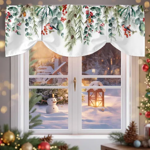 Vista 5 de Cenefa de amarre cardenal de Navidad, cenefa de cocina ajustable con hojas de eucalipto verde baya, cenefas blancas con bolsillo para barra