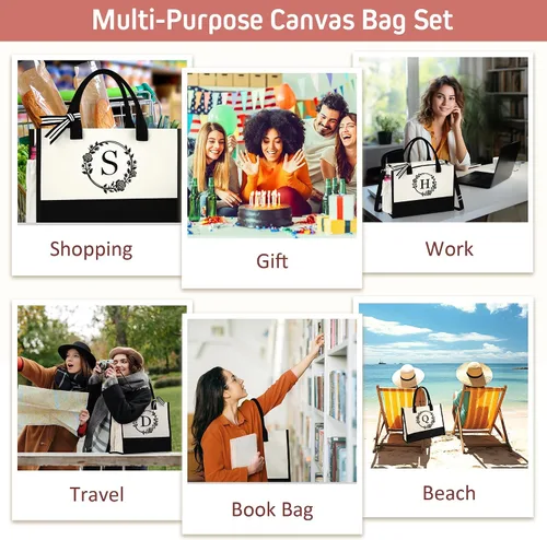 Vista 6 de Bolsa de lona con inicial para la playa con bolsa de maquillaje, regalos personalizados para mujeres, madres, amigas, profesores, damas de honor
