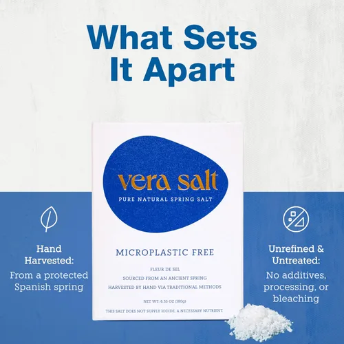 Vista 6 de Vera Salt Fleur de Sel - Sal de primavera - Paquete de 6.35 oz - Cristales cosechados a mano de España - Formados naturalmente con delicado crujido