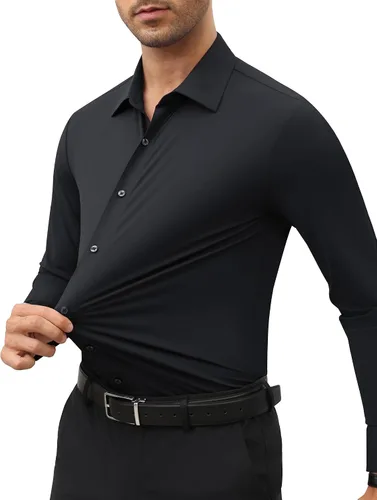 Vista 2 de Lusead Camisa de vestir de alta elasticidad para hombre, sin arrugas, manga larga, ajustada, casual, con botones