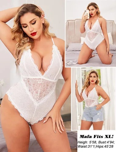 Vista 6 de Avidlove - Lencería sexy de encaje tipo body de una pieza con escote en V profundo