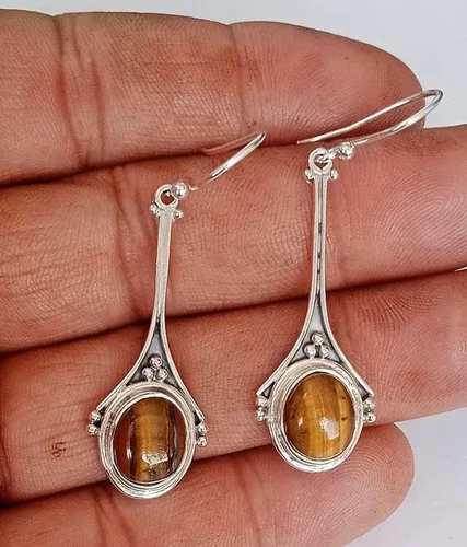 Vista 6 de Pendientes de ojo de tigre de plata de ley 925 para mujer, Plata de ley, Ojo de tigre