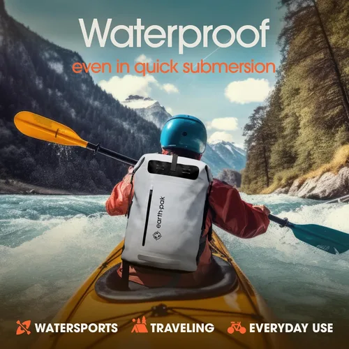 Vista 3 de Earth Pak Mochila impermeable 35L 55L 85L - Cierre enrollable resistente con bolsillo frontal con cremallera de fácil acceso y panel trasero