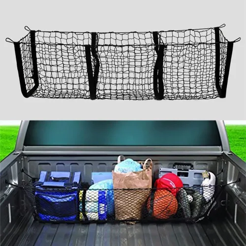 Vista 7 de Red de carga para automóvil, almacenamiento de cama de camión, red de carga elástica para maletero trasero de 3 bolsillos, red de malla elástica
