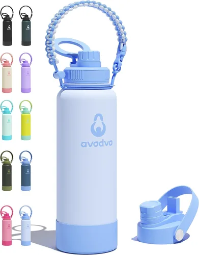 Vista 11 de Botella de agua aislada de 12 onzas con 2 tapas (tapa de popote y boquilla 2 en 1, tapa magnética), botella de agua para niños con correa, botella