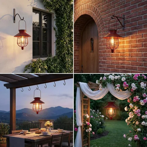 Vista 9 de YAKii Paquete de 2 faroles solares colgantes impermeables de metal para exteriores con luz blanca cálida para decorar patio, jardín, camino, patio