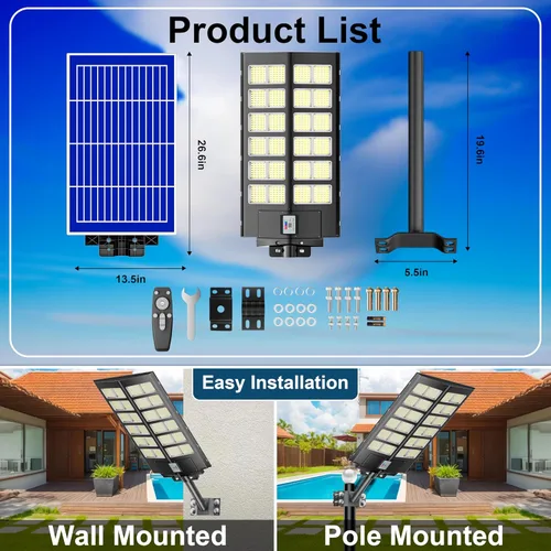 Vista 7 de Loyoele 9000W Luces solares de calle para exteriores 120000 lm, luz solar para estacionamiento comercial 7000 K, luces solares de inundación