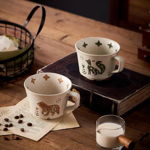 Vista 8 de Juego de 4 tazas de café de cerámica vintage de 12 onzas - Hechas a mano de gres cerámico de campo, estilo granja, para té de otoño con gran asa