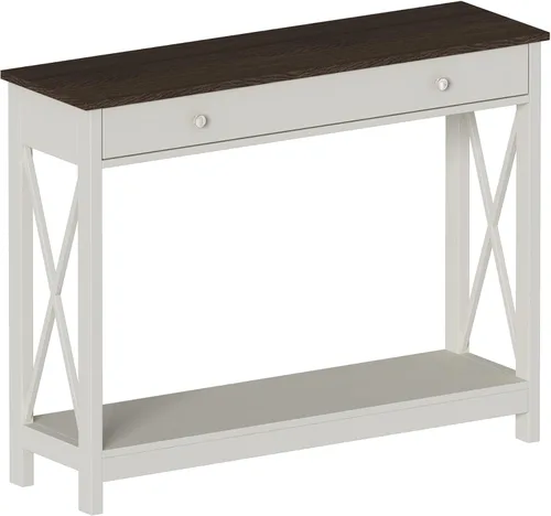 Vista 6 de Mesa consola de madera Treocho Farmhouse con cajón y estantes de almacenamiento, mesa de sofá estrecha para entrada, sala de estar, pasillo