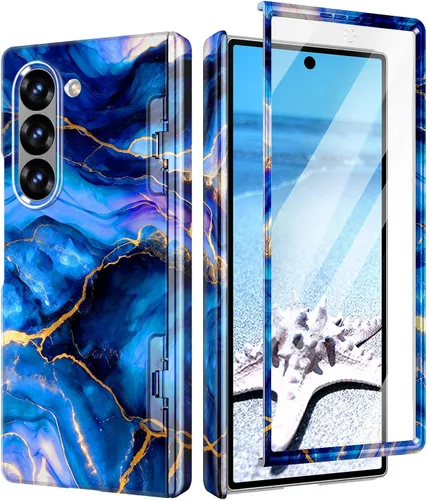 Vista 47 de Btscase Funda para Samsung Galaxy Z Fold 5, protector de pantalla frontal integrado, patrón de mármol dorado con purpurina de policarbonato duro