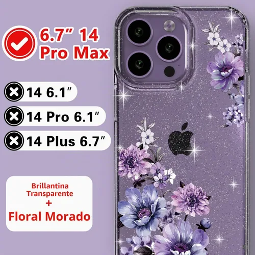 Vista 8 de OKP Funda 3 en 1 para iPhone 14 Pro Max, con protector de pantalla/protector de lente de cámara, bonito patrón floral, transparente, brillante