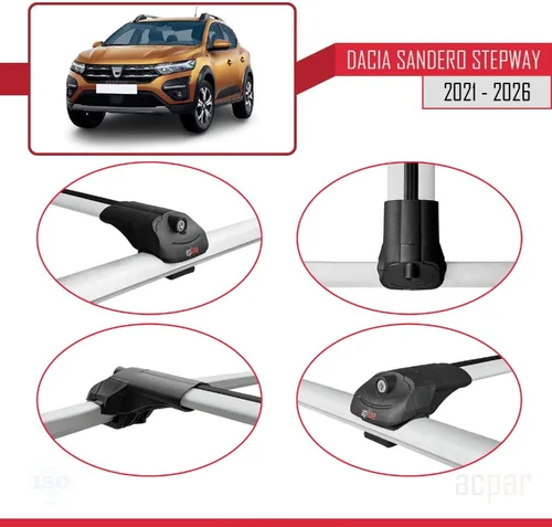 Vista 4 de Compatible with Dacia Sandero Stepway 3 2021-2025 ACE-1 Car Roof Rack Cross Bar Grey Aluminium 2 Bars