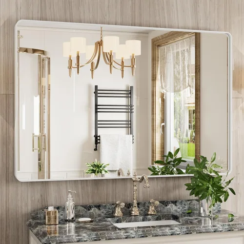 Vista 20 de JISOSO - Espejo de baño negro de 20x30 pulgadas con marco de metal negro, espejo de tocador rectangular redondeado con acabado mate para pared