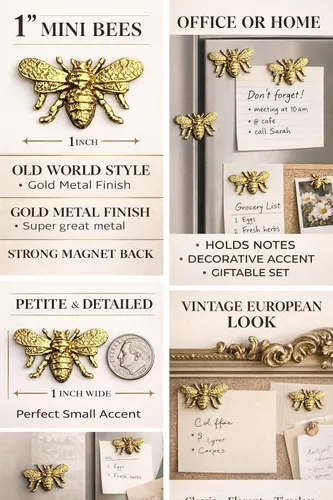 Vista 2 de Juego de 6 imanes dorados para decoración de abeja, imanes de cocina para refrigerador, decoración de abejas de miel, imanes dorados para nevera