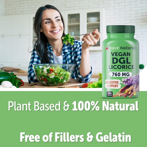 Vista 3 de Yuve Regaliz vegano DGL 760 mg – Suplemento de cápsulas de raíz de regaliz desglicirricinadas ultra puras – Apoya el estómago, el intestino