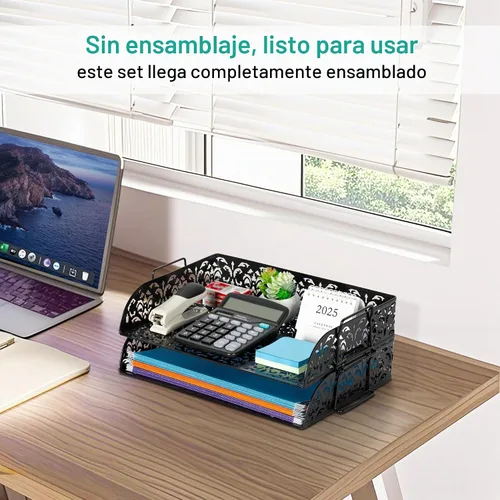 Vista 4 de EasyPAG, charola para escritorio de 2 niveles para cartas, diseño calado de flores, Negro