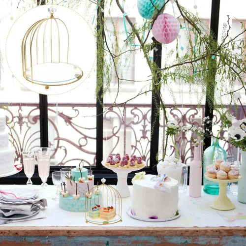 Vista 7 de BESTonZON Jaula de pájaros de metal dorado, soporte para cupcakes, postres para bodas, fiestas, cumpleaños, celebraciones de ducha, decoración