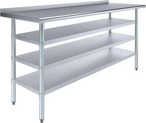 Vista 13 de Mesa de trabajo de acero inoxidable con protector contra salpicaduras de 1.5 pulgadas y 3 estantes, mesa de metal para preparación de alimentos