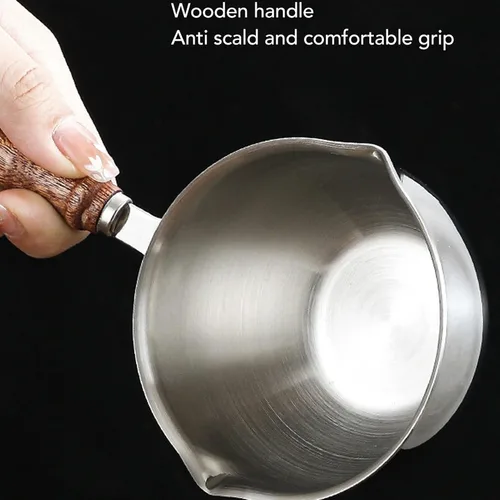 Vista 3 de Calentador de 3 capas de acero inoxidable multiusos para leche de chocolate hirviendo con mango de madera, calentador de leche, mini olla de leche
