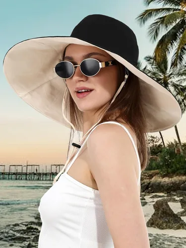 Vista 2 de Sombrero de pescador de algodón para mujer, reversible, de ala ultra ancha, plegable, protección UV, verano, viajes, UPF 50+ Negro