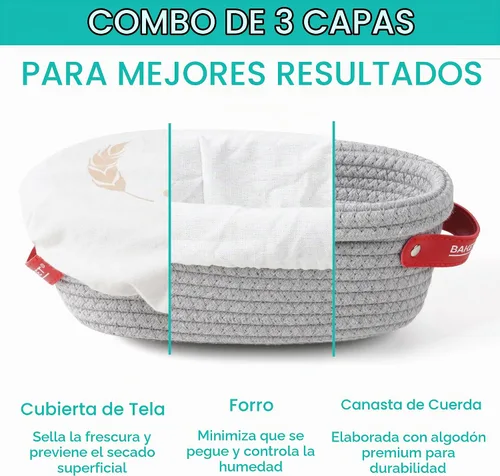Vista 2 de Baker's Secret Juego de cestas de pan Banneton de cuerda de algodón, 2 cestas ovaladas para pan con forros y cubiertas para hornear pan artesanal