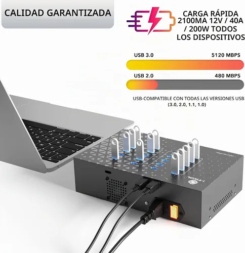 Vista 3 de Hub USB 3.0 de 20 puertos – Sincronización de 5 Gbps y transferencia de datos de alta velocidad, concentrador USB con fuente de alimentación