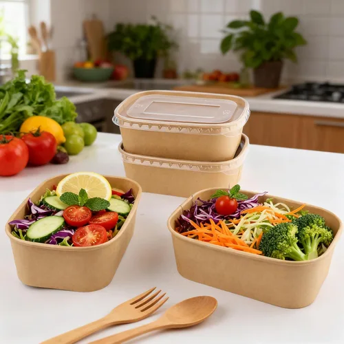 Vista 6 de Paquete de 50 cuencos de papel kraft desechables de 25 onzas con tapas, recipientes rectangulares de papel para alimentos, recipientes