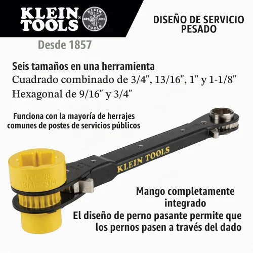 Vista 2 de KLEIN TOOLS KT155HD Llave de trinquete 6 en 1 de Lineman's de alta resistencia con diseño de perno y enchufe amarillo brillante