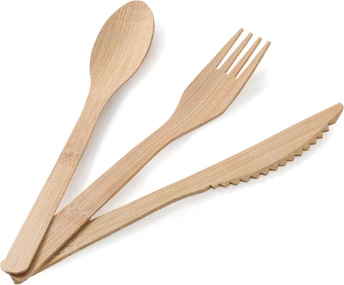 Vista 5 de 2ZEBRAZ - Juego de cubiertos de bambú de 100 piezas, 50 tenedores, 25 cuchillos, 25 cucharas, utensilios desechables resistentes para fiestas