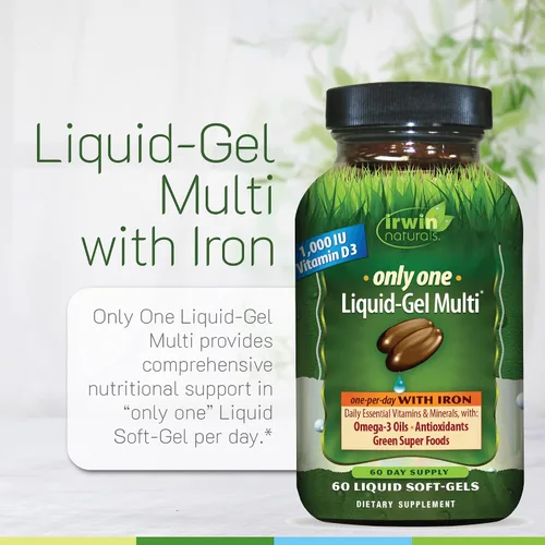 Vista 5 de Irwin Naturals Only One Liquid Gel Multi con Hierro Vitaminas esenciales diarias, minerales, antioxidantes, Omega-3 y Super Alimentos Verdes - 60