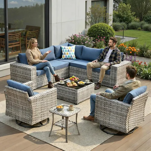 Vista 10 de Juego de muebles de patio de 6 piezas, sofá modular de mimbre para exteriores con mesa auxiliar, cómodos cojines, moderno sofá modular de ratán