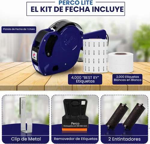Vista 2 de Kit de pistola de fecha Perco Lite de 1 línea - Incluye 2 rollos blancos, 4 rollos de Best by Labels, 2 rodillos de tinta - 1 rollo de tinta