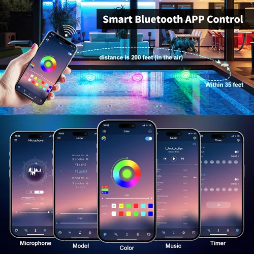 Vista 3 de Homly - Luces para piscina LED recargables sumergibles con control inalámbrico por APP, luces LED inteligentes subacuáticas impermeables