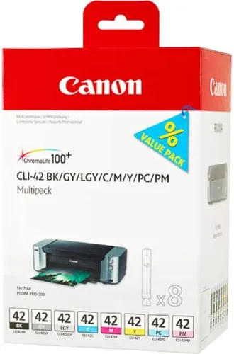 Vista 2 de Canon CLI-42 Paquete de 8 tintas, paquete de 8 unidades compatibles con PIXMA PRO-100 y papel fotográfico brillante de tinta de 8.5 x 11 pulgadas